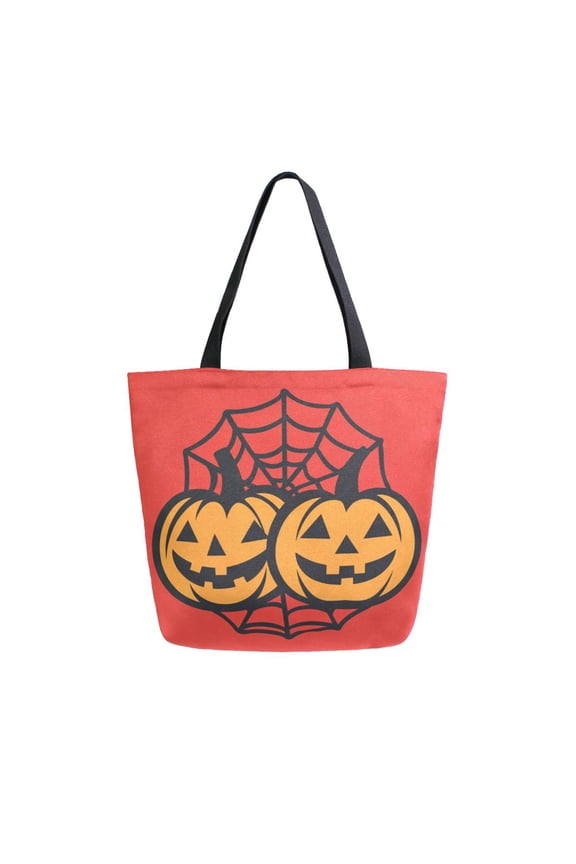 Open Top Canvas Tote Bag with Zipper Reusable Shopping Bag 13.5x15" Roomy Carryall Two Pumpkins with Spider Web