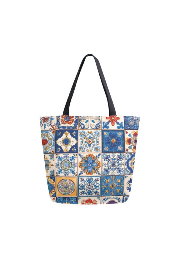 Open Top Canvas Tote Bag with Zipper Reusable Shopping Bag 13.5x15" Roomy Carryall Various Brightly Colored Shapes