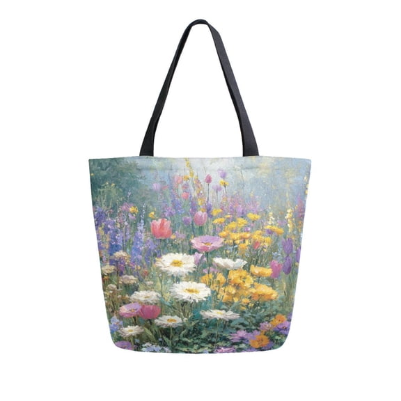 Open Top Canvas Tote Bag with Zipper Reusable Shopping Bag 13.5x15" Roomy Carryall Vibrant Garden Filled