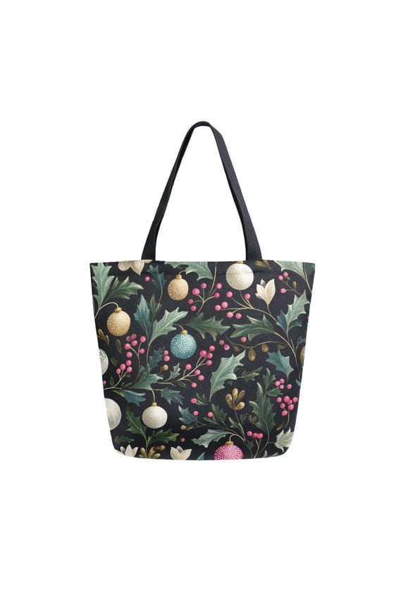 Open Top Canvas Tote Bag with Zipper Reusable Shopping Bag 13.5x15" Roomy Carryall Vintage Christmas Decorations Pattern