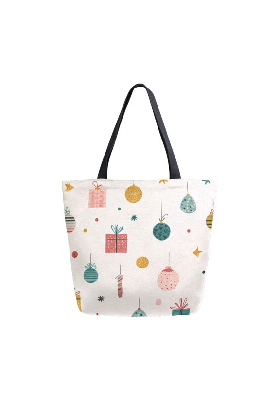 Open Top Canvas Tote Bag with Zipper Reusable Shopping Bag 13.5x15" Roomy Carryall Vintage Christmas Elements