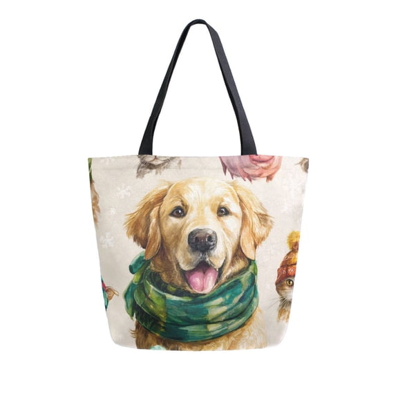 Open Top Canvas Tote Bag with Zipper Reusable Shopping Bag 13.5x15" Roomy Carryall Watercolor Animals Pattern