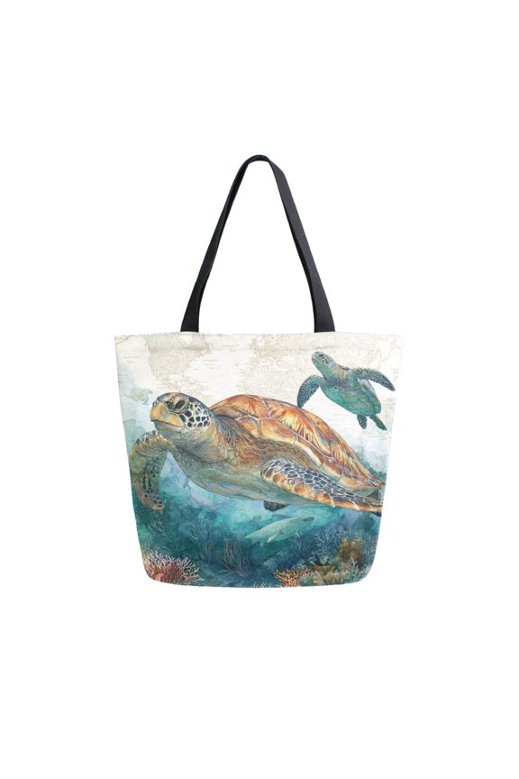 Open Top Canvas Tote Bag with Zipper Reusable Shopping Bag 13.5x15" Roomy Carryall Watercolor Sea Turtle