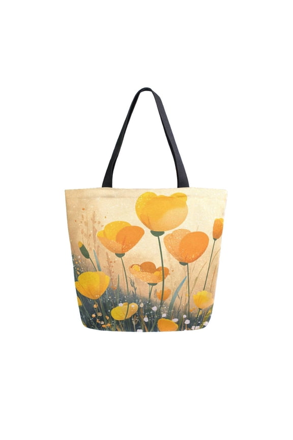 Open Top Canvas Tote Bag with Zipper Reusable Shopping Bag 13.5x15" Roomy Carryall Yellow Flowers on The Grass
