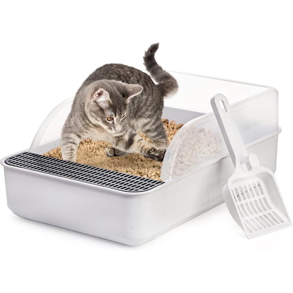 Open Top Cat Litter Box with High Side, Anti-Splashing Cats Litter Pan with with Litter Sifting Scoop, Semi-Closed Detachable Cat Cleaning Basin Kitten Toilet for Small Animal/Rabbit