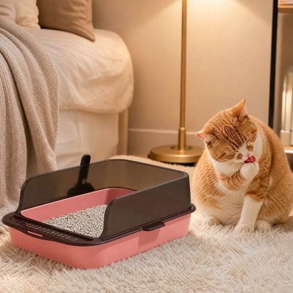 Open Top High Side Cat Litter Box, Semi Open Cats Litter Box, Anti-Splashing Cats Litter Pan,Kitten Toilet with Litter Sifting Scoop,Semi-Enclosed Removable Kittens Litter for Boxes Easy to Clean