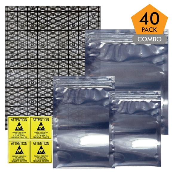 Open Top & Resealable Antistatic Bags ESD Shielding Bag with Anti-static Labels for Hard Drive SSD HDD Motherboard Video Card RAM Electronic Devices (Pack of 40)