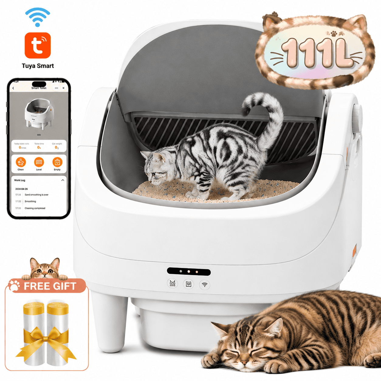 Open Top Self Cleaning Litter Box with 100L Capacity, Automatic Cat Litter Box with APP Control, Health Monitoring, 11L Waste Bin, Safety Sensors, Odor Control, Quiet Operation for Multiple Cats