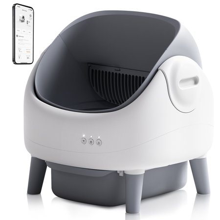 ZeaCotio Open-Top Self Cleaning Litter Box, Automatic Cat Litter Box with APP Control, Dual Safety Sensors, Includes Trash Bags, Grey White