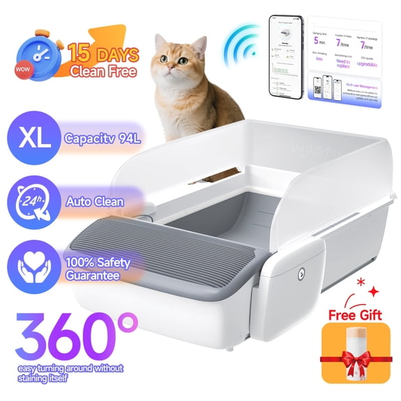 Open-Top Smart Cat Litter Box - App Control Anti-Pinch Odor-Free Spacious for Multiple Cats No Battery