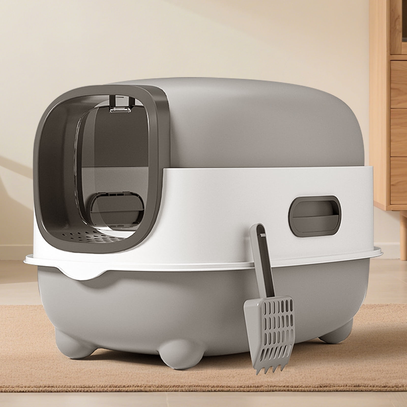 Open Top Transparent Cat Litter Box, Large Capacity Easy Access Kitty Litter Pan with Litter Scoop, Modern Stylish Ventilated Pet Toilet Durable Safe for Indoor Cats