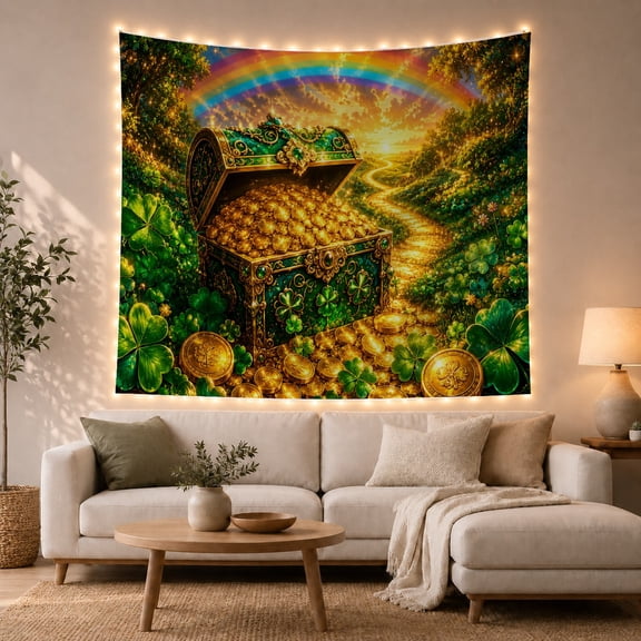 Open Treasure Chest with Gold Coins in Emerald Forest, Whimsical Fantasy for Kids, Digital Art Wall Decor, St. Patrick's Day Gift, Tapestry Wall Hanging for Nursery and Playroom