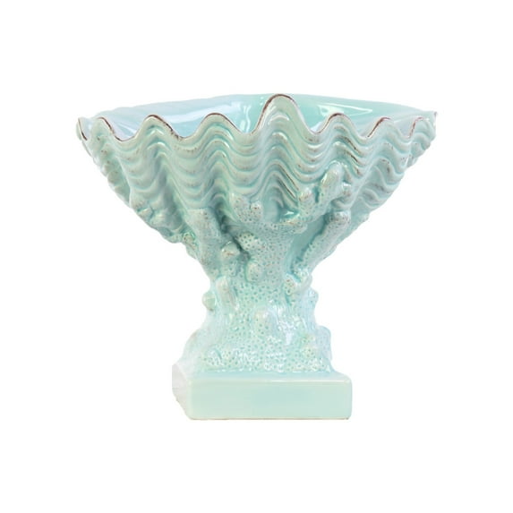 Open Valve Clam Seashell Sculpture on Coral Pedestal - Blue - Benzara