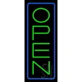 thumbnail image 1 of Open - Vertical Green Letters with Blue Border LED Neon Sign 24 x 10 - inches, Clear Edge Cut Acrylic Backing, with Dimmer - Bright and Premium built indoor LED Neon Sign for storefront., 1 of 7