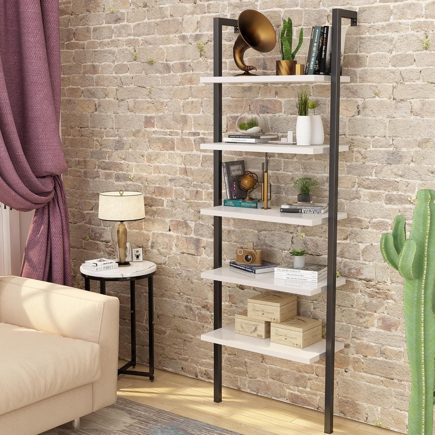 Open Wall Mount Bookcase Modern 5Shelf Ladder Shelf w/Industrial Metal