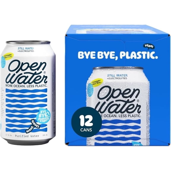 Open Water | Still Canned Water with Electrolytes in 12-oz Aluminum Cans (1 Case, 12 cans TOTAL) | BPA-Free and Eco Friendly