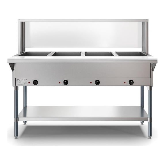 Four Pan Open Well Electric Steam Table with Undershelf and Sneeze-Guard, KM-OWS-4SG.