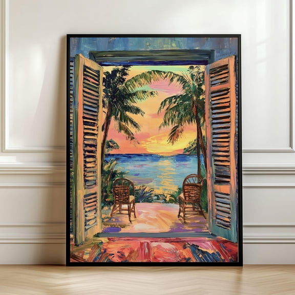 Open Window Art Printable Coastal Landscape Art Poster Mediterranean Sunset , Modern Exhibition Summer Wall Art, Size 12x18 UNFFRAMED F03.1.6l702