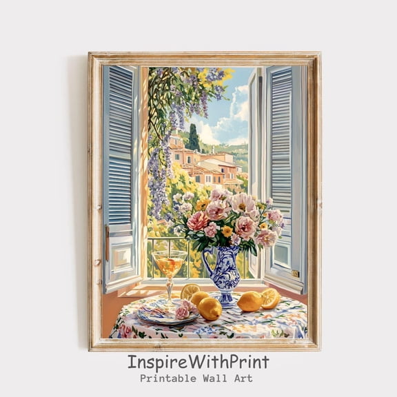 Open Window Art Printable Coastal Lemon Art Poster Mediterranean Window , Pastel Colors Modern Exhibition Wall Art, Size 24x36 UNFFRAMED F03.1.6l793