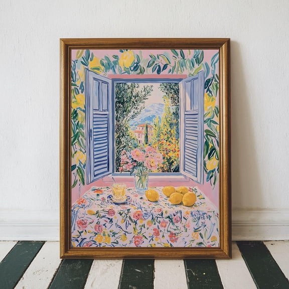 Open Window Art Printable Coastal Lemon Art Poster Mediterranean Window , Pastel Colors Modern Exhibition Wall Art, Size 8x12 UNFFRAMED F03.1.6l788