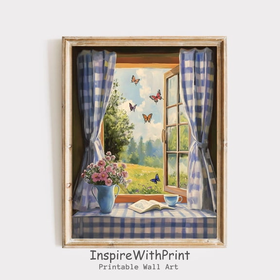 Open Window Art Printable Cottage Core Butterfly and Book Poster Blue Gingham Curtain Window , Modern Exhibition Wall Art, Size 12x18 UNFFRAMED F03.1.6l789