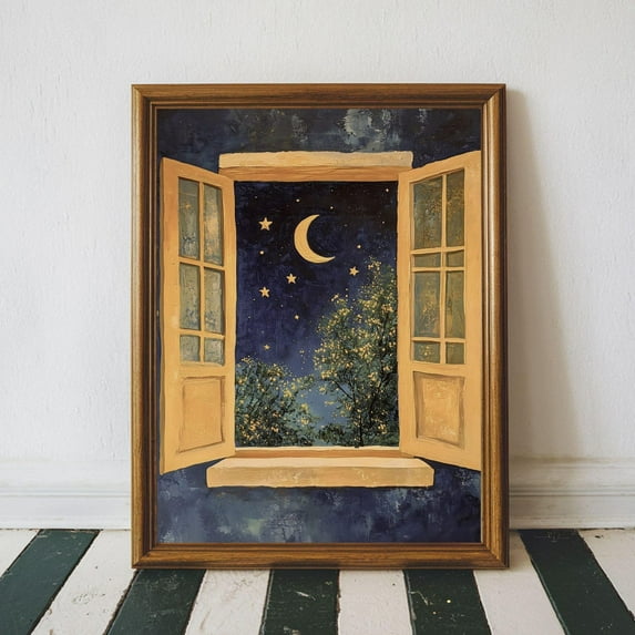 Open Window Art Printable Moody Crescent Moon Poster Dark Celestial Starry Sky , Dark Cottage Core Poster Rustic Wall Art, Size 16x24 UNFFRAMED F03.1.6l670