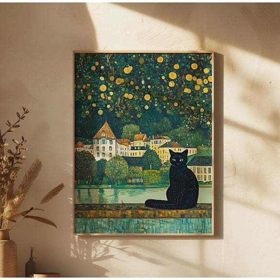 Open Window Black Cat Art Print, Scenic View Illustration, Home Decor, Unframed Canvas Size 16x24