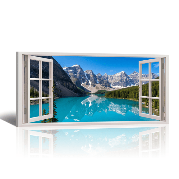 Open Window Canvas Wall Art with Mount and Clear Lake Picture Print, Nature Green Scene Landscape Artwork Modern Paintings for Living Room Bedroom Home Office Decor