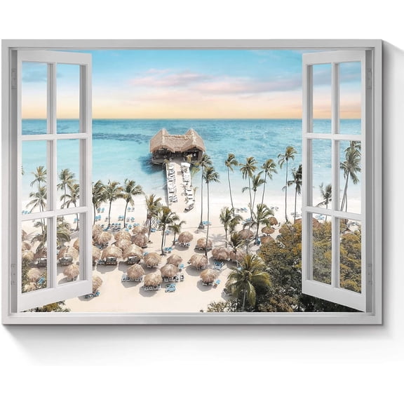 Open Window Canvas Wall Art: Sunset Coastal Beach Scenery Fake Window View Picture Blue Ocean Waves Seascape Painting Nautical Sailboats Prints Modern Natural Sea Landscape Artwork for Bedroom