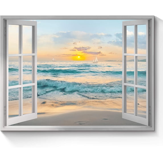 Open Window Canvas Wall Art: Sunset Coastal Beach Scenery Fake Window View Picture Blue Ocean Waves Seascape Painting Nautical Sailboats Prints Modern Natural Sea Landscape Artwork for Bedroom