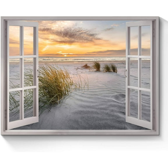 Open Window Canvas Wall Art: Sunset Coastal Beach Scenery Fake Window View Picture Blue Ocean Waves Seascape Painting Nautical Sailboats Prints Modern Natural Sea Landscape Artwork for Bedroom