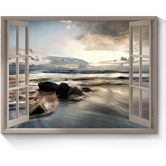 Open Window Canvas Wall Art: Sunset Coastal Beach Scenery Fake Window View Picture Blue Ocean Waves Seascape Painting Nautical Sailboats Prints Modern Natural Sea Landscape Artwork for Bedroom
