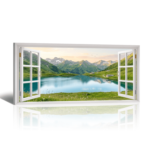 Open Window Canvas Wall Art with Village Mount and Lake Picture Print, Nature Green Scene Landscape Artwork Modern Paintings for Living Room Bedroom Home Office Decor
