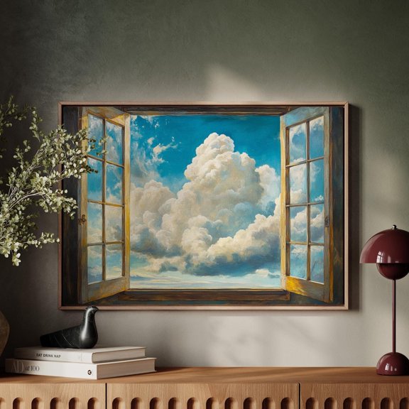 Open Window Cloudscape Art – Bright Sky Wall Print – Minimalist Nature Decor – Tranquil Blue Sky Illustration – Airy Home Accent Wall Art, Modern Wall Decor, 12x18 UNFRAMED