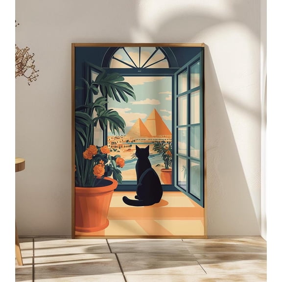 Open Window Egypt Art Print, Black Cat Illustration, Pyramid View, Stretched Canvas Size 8x12