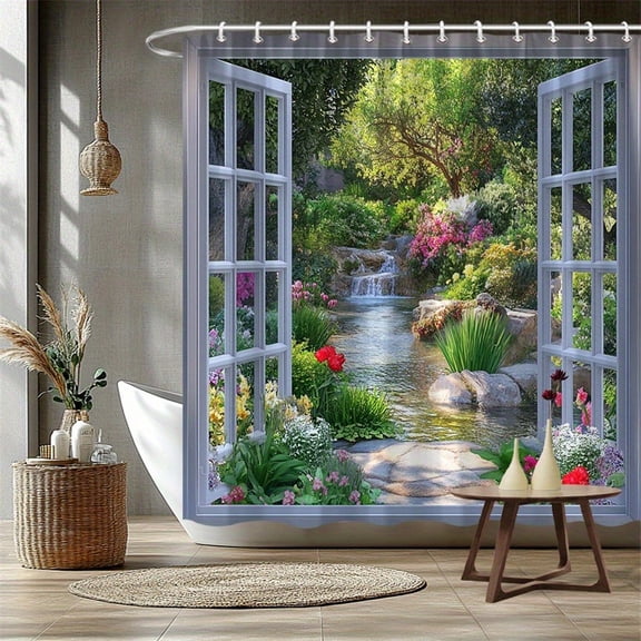 Open Window Garden Stream Waterfall Landscape Illusion Print Waterproof Fabric Shower Curtain With Hooks Relax Nature Bathroom Decor