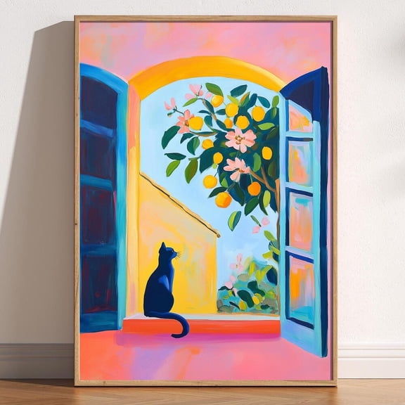 Open Window Henri Matisse Print, Henri Matisse Style Fauvism Painting, Modern, Mediterranean View Lemon Tree, Whimsical Cat Art UNFRAMED PAPER POSTER, Home Decor, Vintage Gift, Living Room Dercor