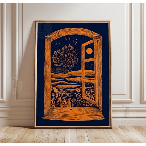 Open Window Landscape Night Sky Moon Stars Linocut Style Wall Art, Unframed Poster