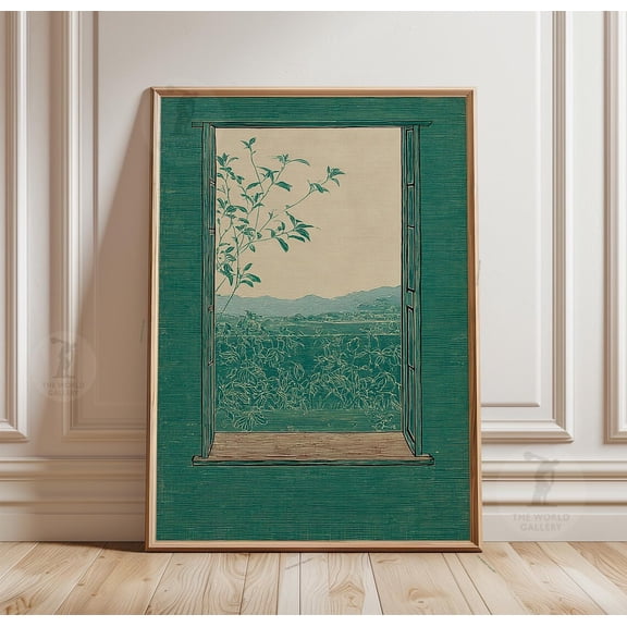 Open Window Linocut Green Nature Landscape Wall Art Home Decor Art, Unframed Poster