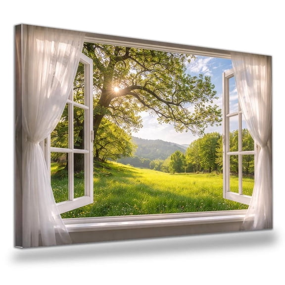 Open Window Nature Wall Art Peaceful Meadow Landscape Scenic Window View Rustic Farmhouse Decor Serene Artwork, Unframed Poster
