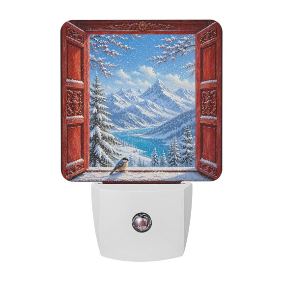 Open Window Night Lights Plug Into Wall, LED Dusk to Dawn Sensor Night Light, Winter Bird Snowflake Pine Tee Mountains Nightlight for Bedroom Bathroom Living Room Hallway Home Wall Decor