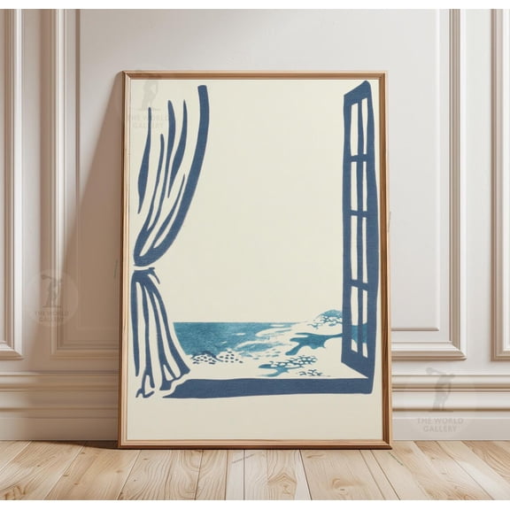 Open Window Ocean Minimalist Coastal Wall Art Blue Sea View Poster, Unframed Poster