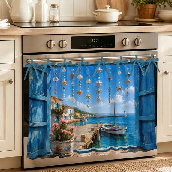Open Window Oven Skirt for Farmhouse Kitchen Décor, Coastal Summer Vacation Manor Sailboat Oven Curtain Tie Top Decorative Stove Skirt, Cabinet Dish Washer Curtains with 8 Ribbon Ties 27"x20"