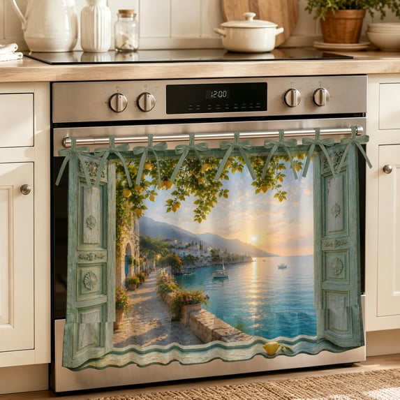 Open Window Oven Skirt for Farmhouse Kitchen Décor, Summer Lemon Coastal Country Manor Oven Curtain Tie Top Decorative Stove Skirt, Cabinet Dish Washer Curtains with 8 Ribbon Ties 32"x24"