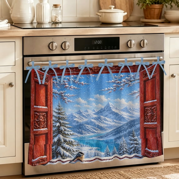 Open Window Oven Skirt for Farmhouse Kitchen Décor, Winter Bird Snowflake Pine Tee Mountains Oven Curtain Tie Top Decorative Stove Skirt, Cabinet Dish Washer Curtains with 8 Ribbon Ties 30"x21.5"