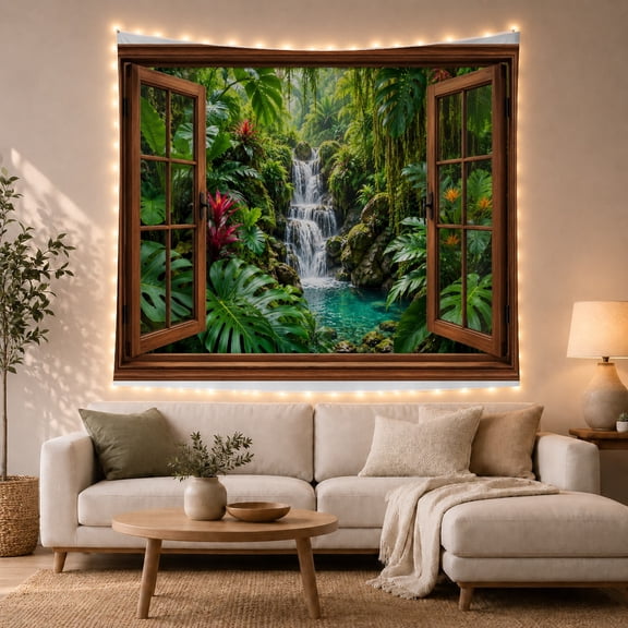 Open Window Rainforest Waterfall Tapestry