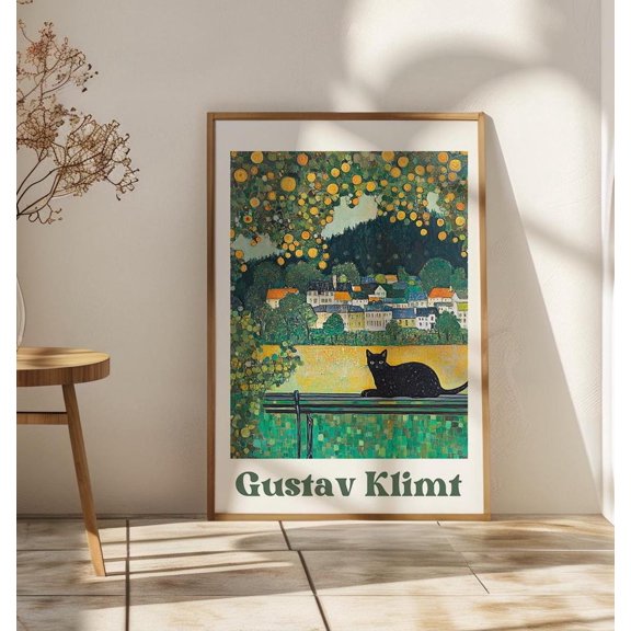 Open Window Reproduction Art Print, Black Cat Illustration, Scenic View, Stretched Canvas Size 8x12