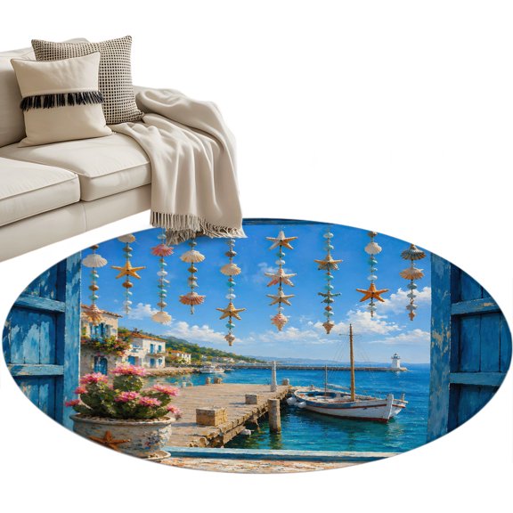 Open Window Round Rug 3ft Washable Circle Entryway Rugs Non Slip Coastal Summer Vacation Manor Sailboat Area Rug Indoor Floor Carpet for Bedroom Kitchen Living Room Home Office Dining Room Nursery
