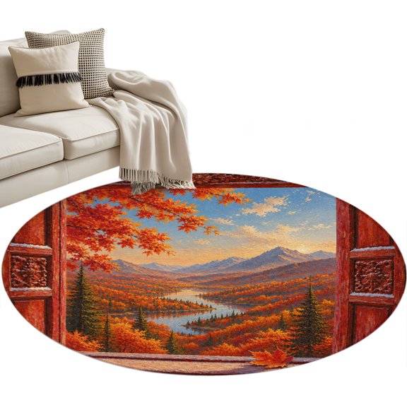 Open Window Round Rug 3ft Washable Circle Entryway Rugs Non Slip Fall Orange Maple Leaves Forest Mountain Area Rug Indoor Floor Carpet for Bedroom Kitchen Living Room Home Office Dining Room Nursery