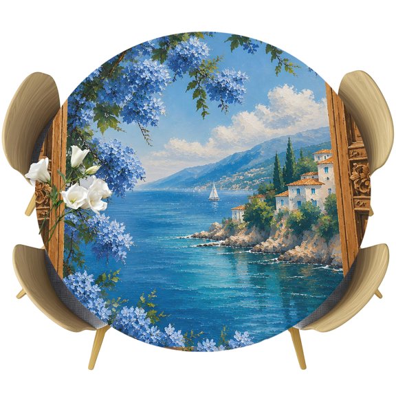 Open Window Round Tablecloth 36-44 Inch Round Fitted Table Cloth with Elastic Edge, Blue Flowers Blossom Coastal Vacation Manor Waterproof Table Cover Protector for Outdoor Picnic Party Dining